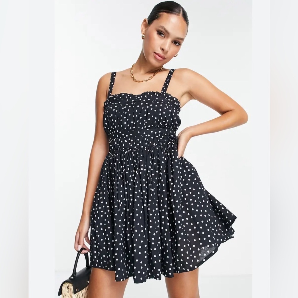ASOS Black Polka Dot Milkmaid Sundress Dress Size 8 Twee Summer Casual Cotton